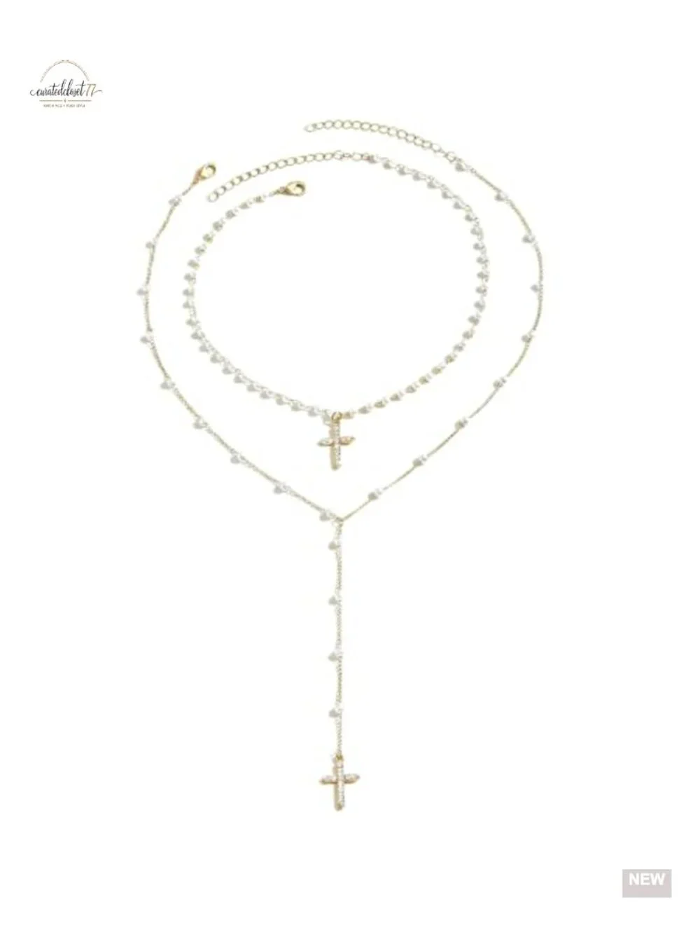 Layered Pearl Beaded Cross Necklace Set with Crystal Cross Pendant Dainty Gold